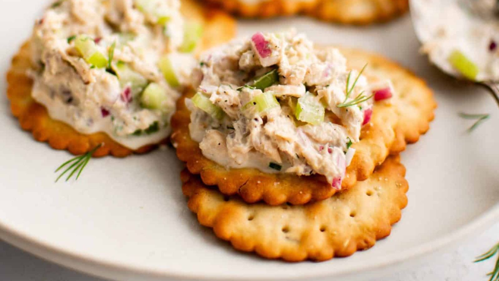 Biscuit with salmon salad on top.