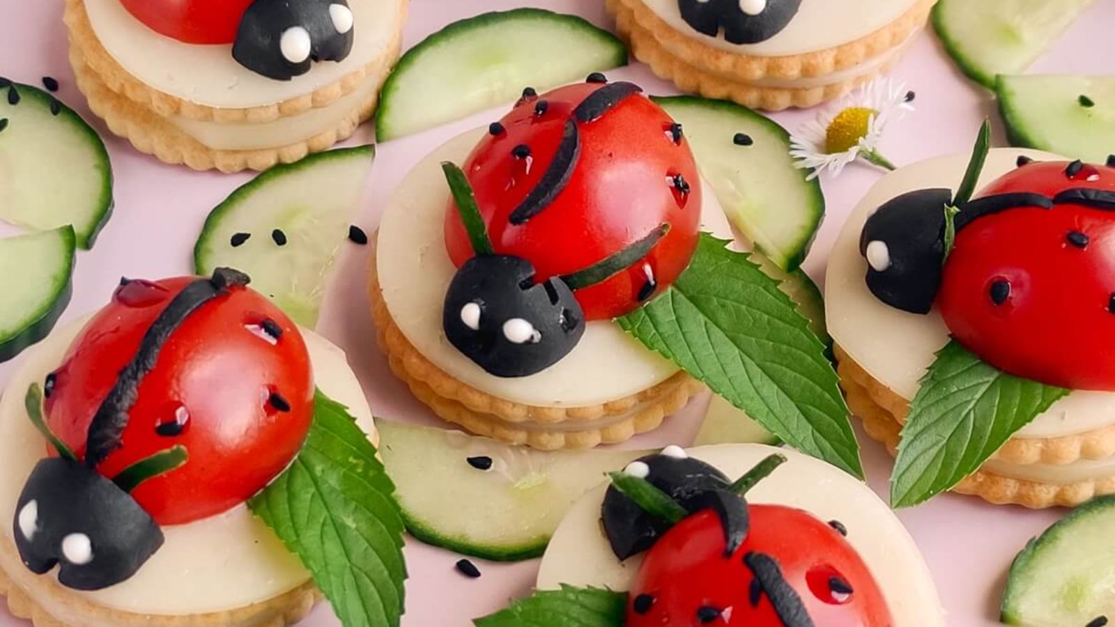 Caprese ladybug with cucumbers.