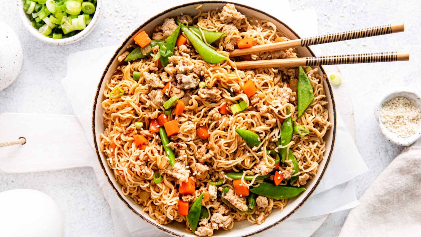Noodles with chicken in a bowl. 