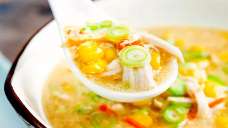 A scoop of chicken soup.