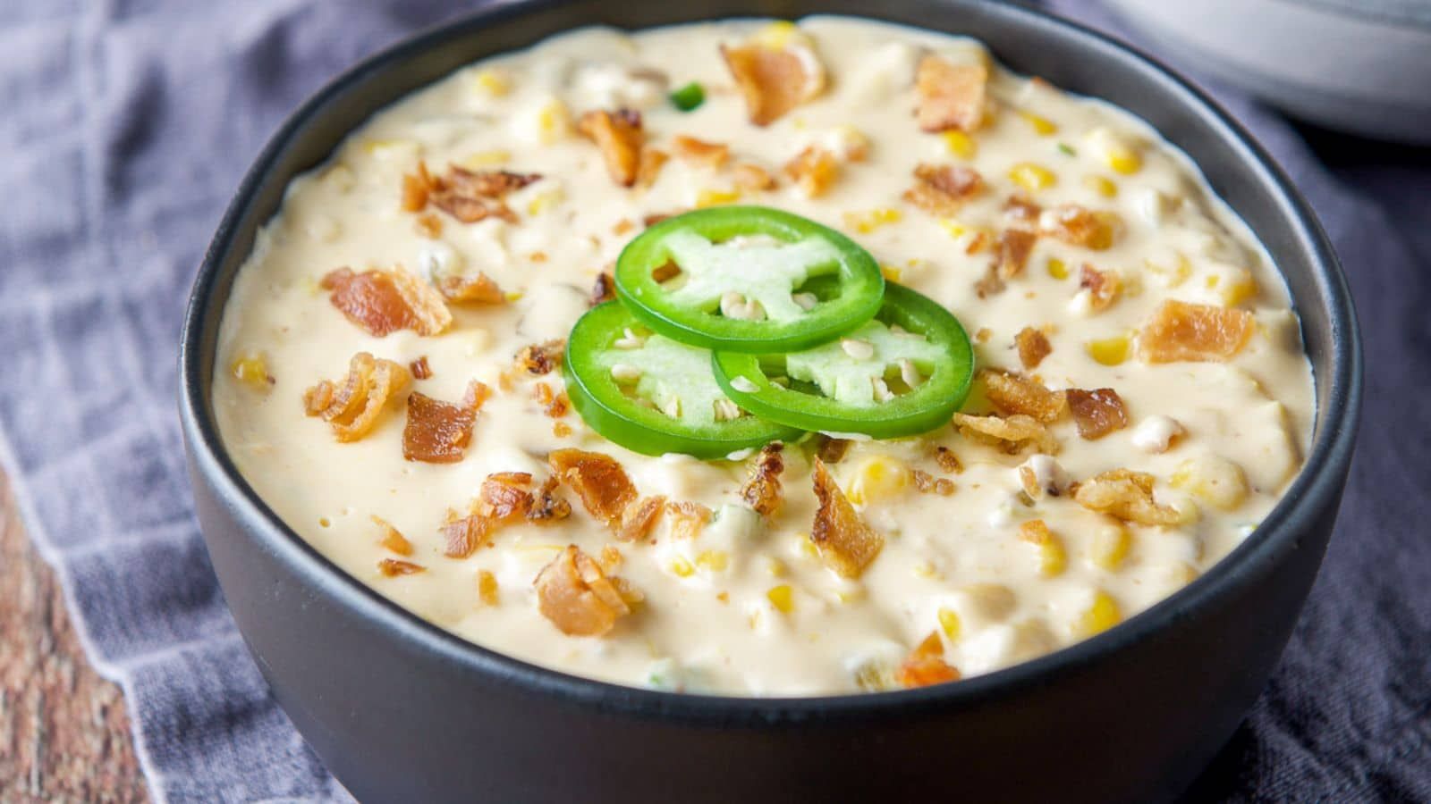 Corn dip in a bowl.