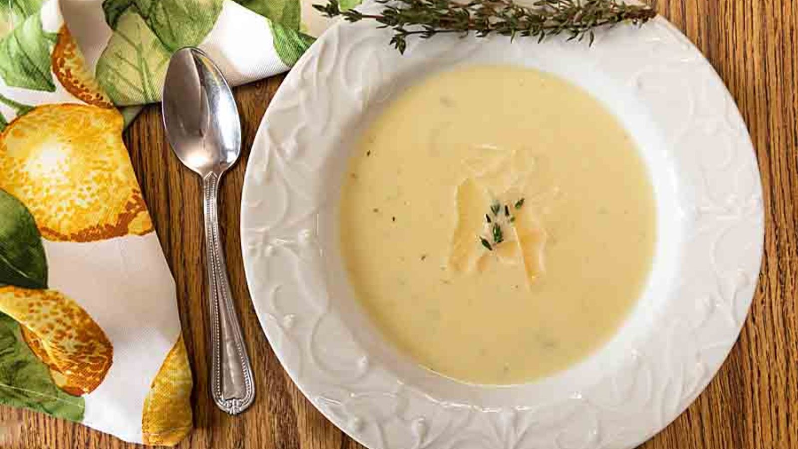 Roasted garlic soup in a bowl.