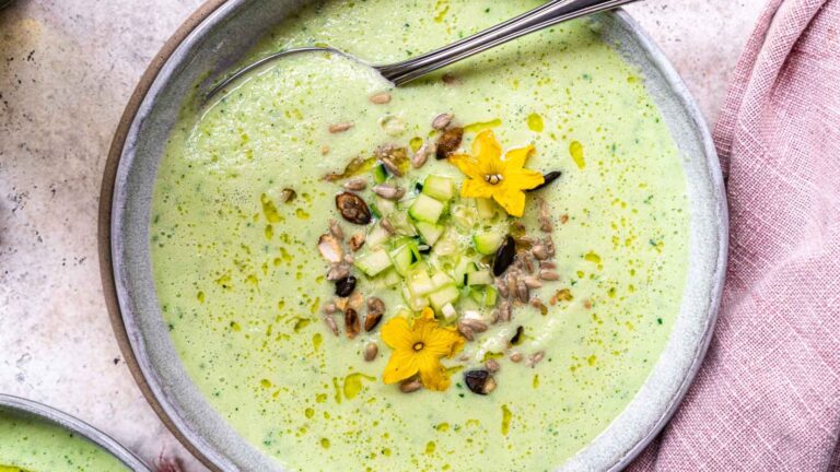 Cucumber gazpacho in a bowl.