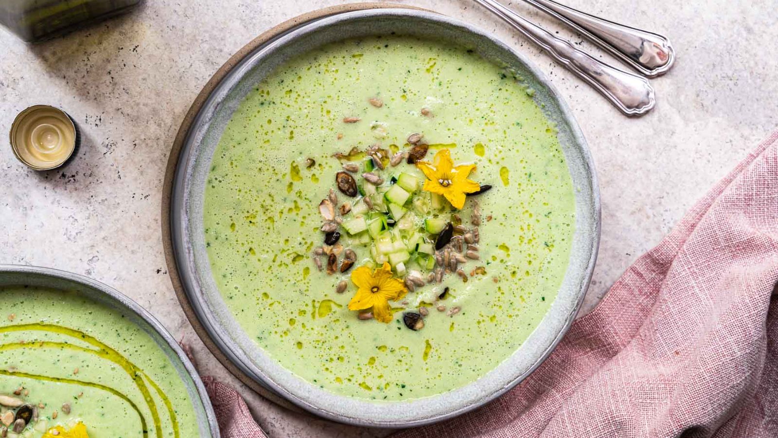 Cucumber gazpacho in a bowl.
