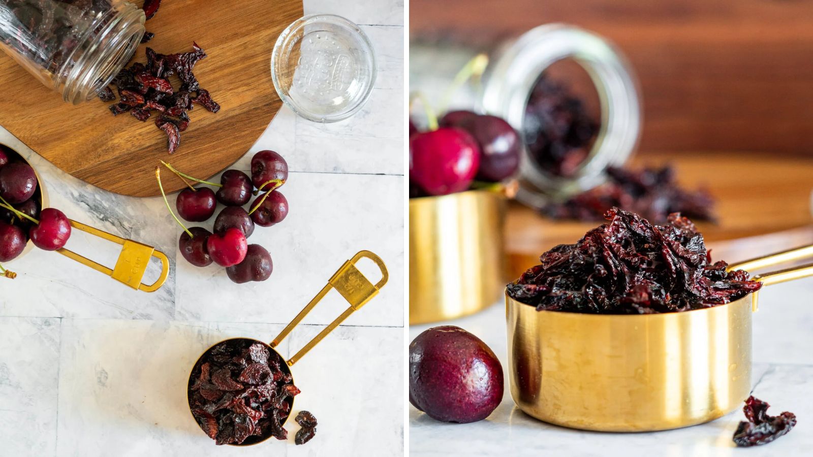 Dehydrated cherries in a gold scoop.