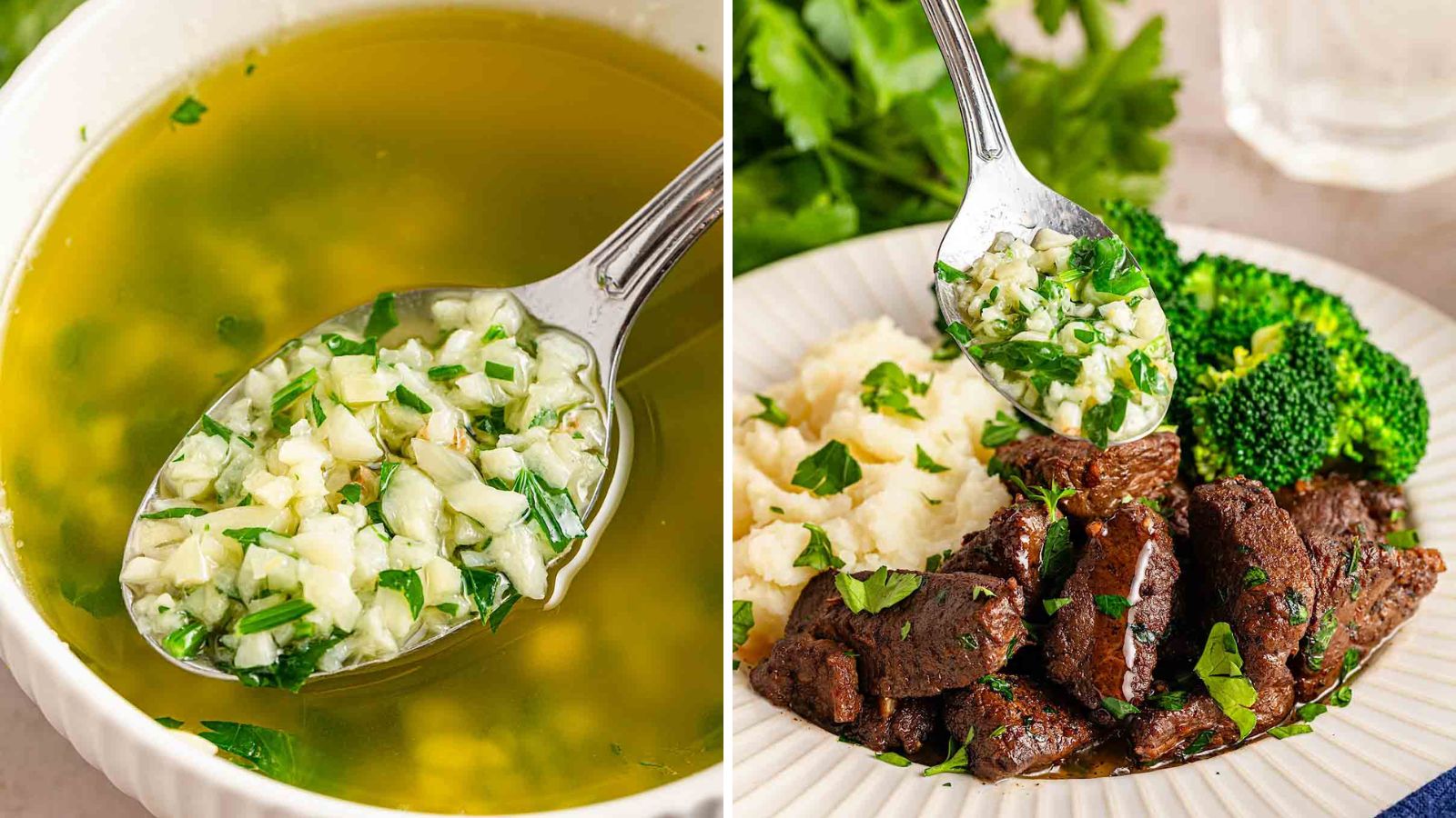 Garlic butter sauce in a spoon.