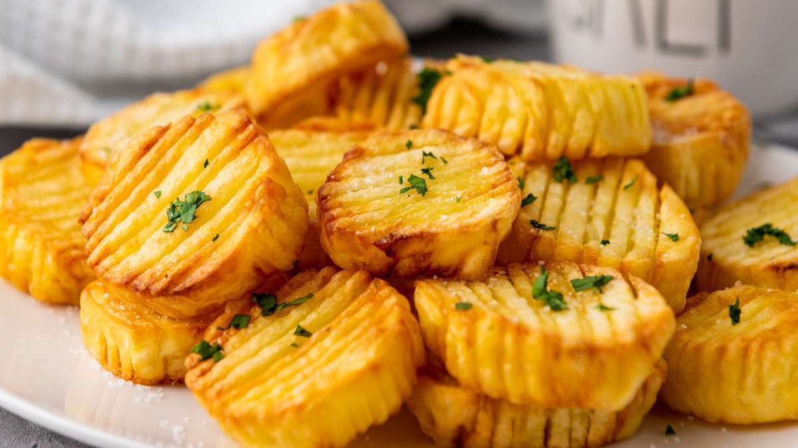 Air fried potatoes on a plate.