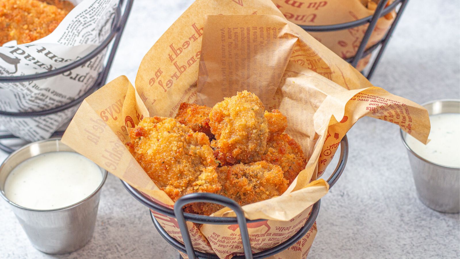 Fried mushrooms in a basket.