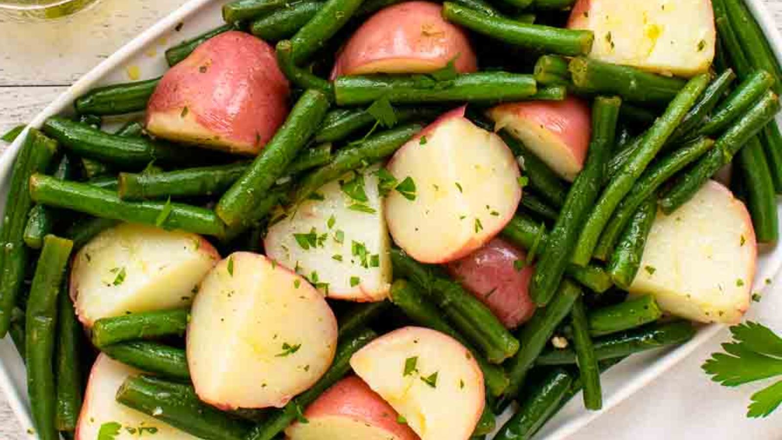 Green beans and potatoes close up shot.