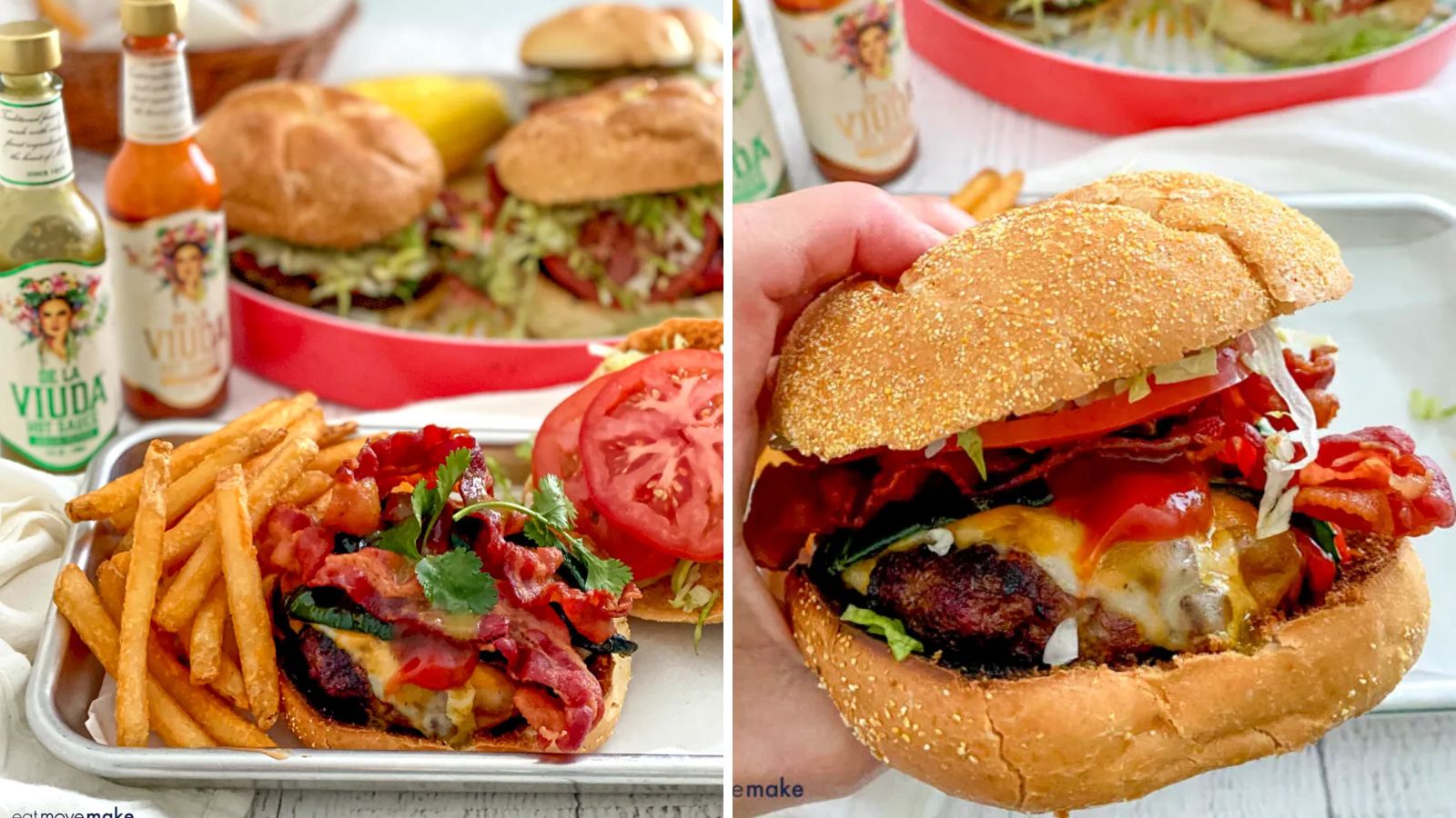 Spicy burgers with fries on the side.
