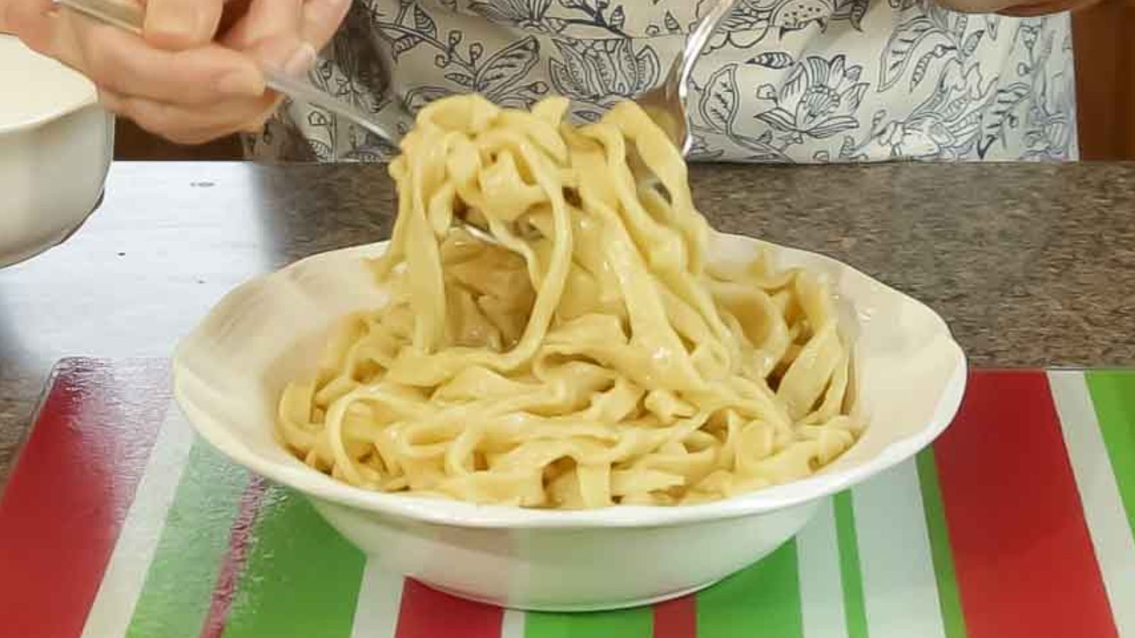 Egg noddles in a bowl. 