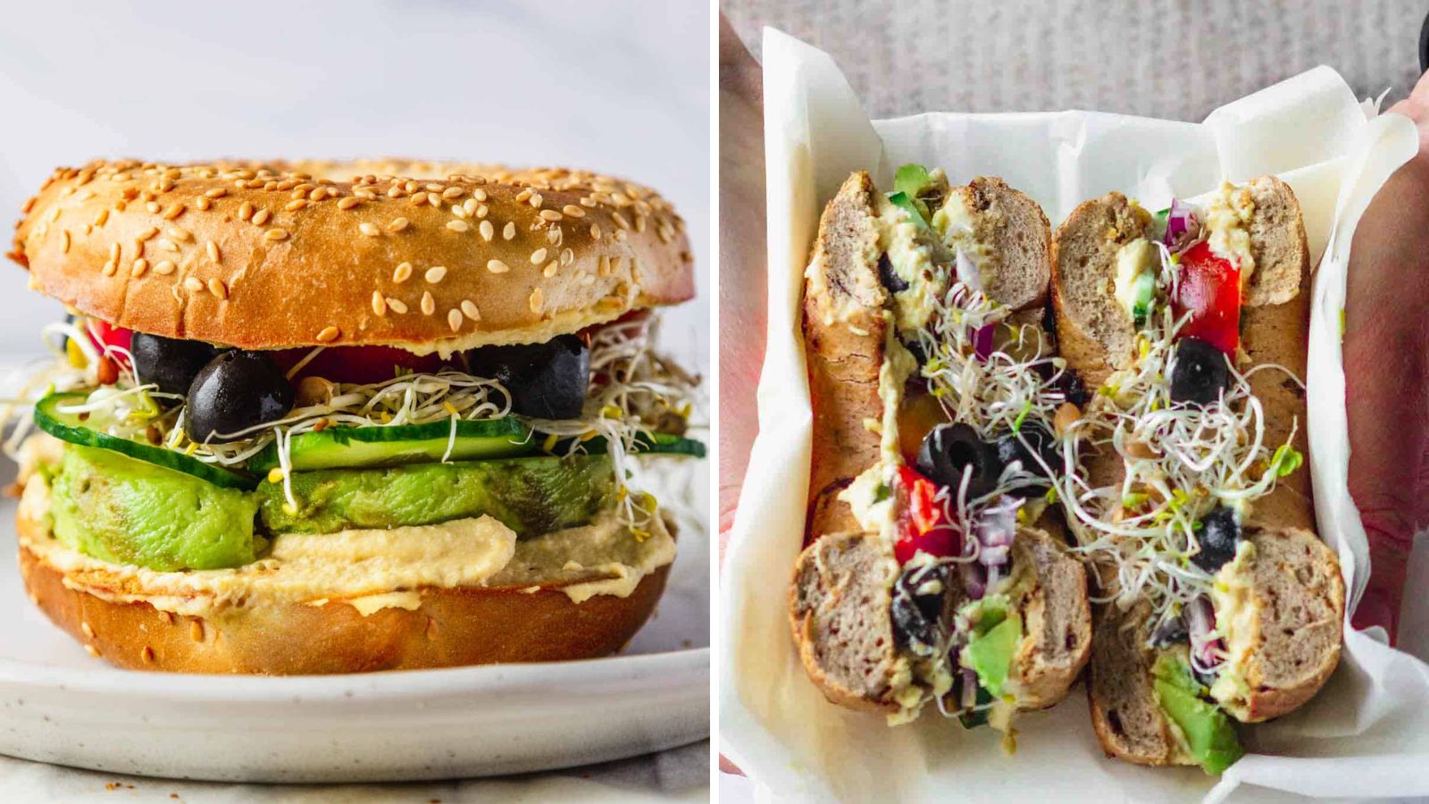Hummus bagel with veggies on a plate.