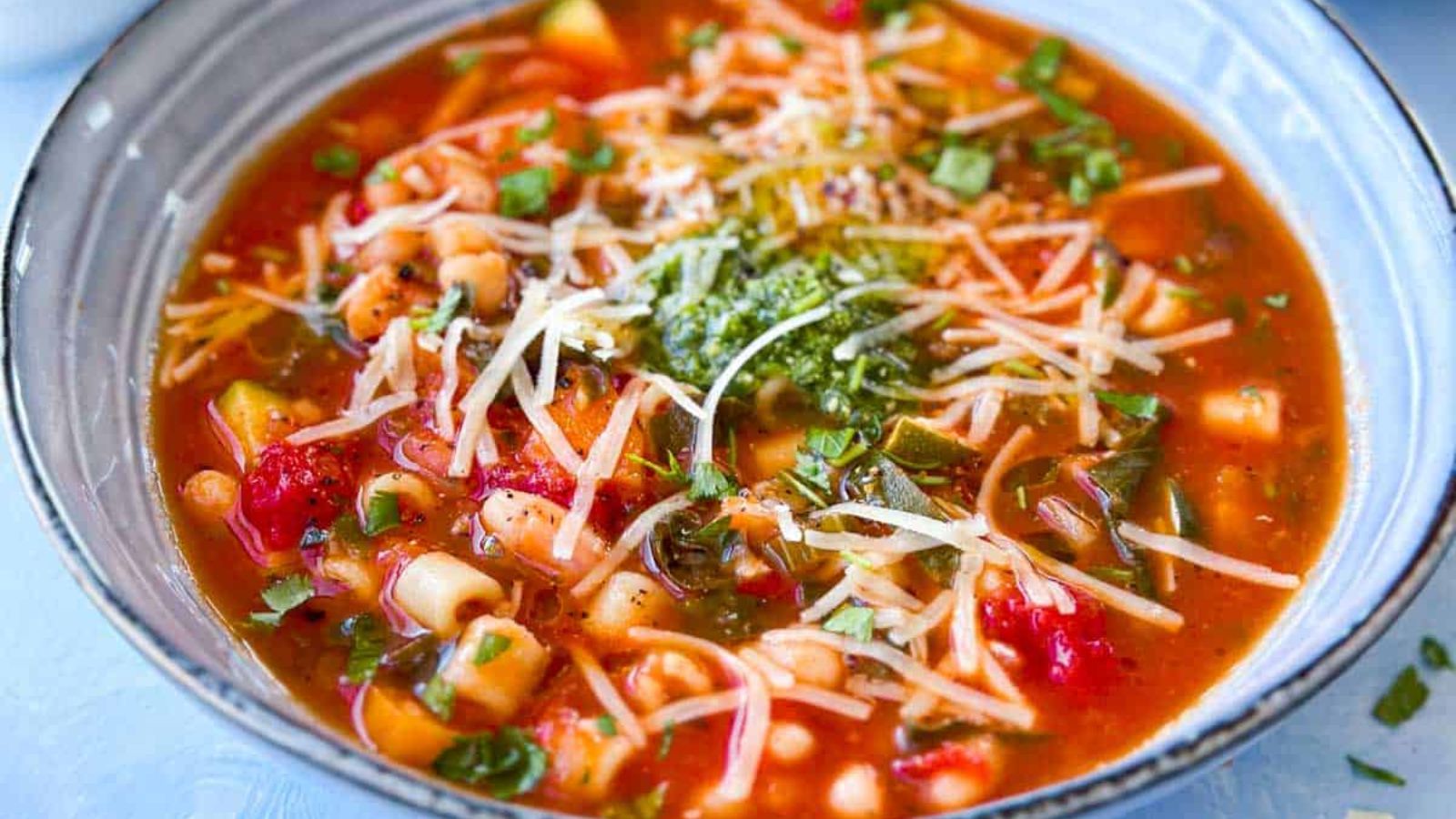 Minestrone soup in a bowl.