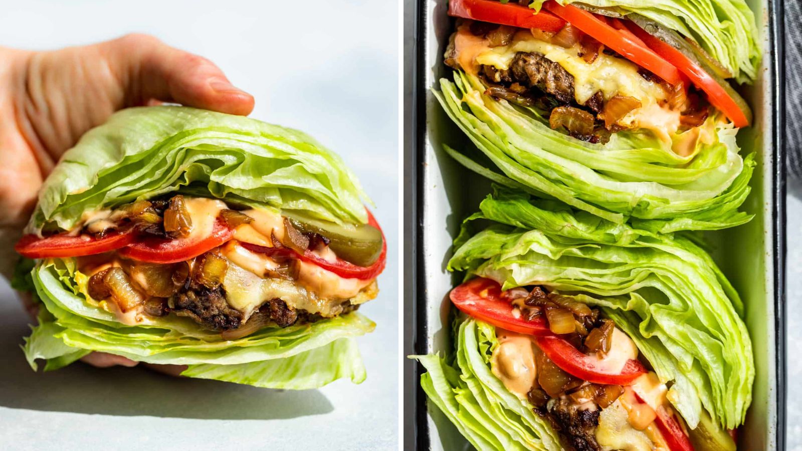 Lettuce with burger and tomatoes inside. 
