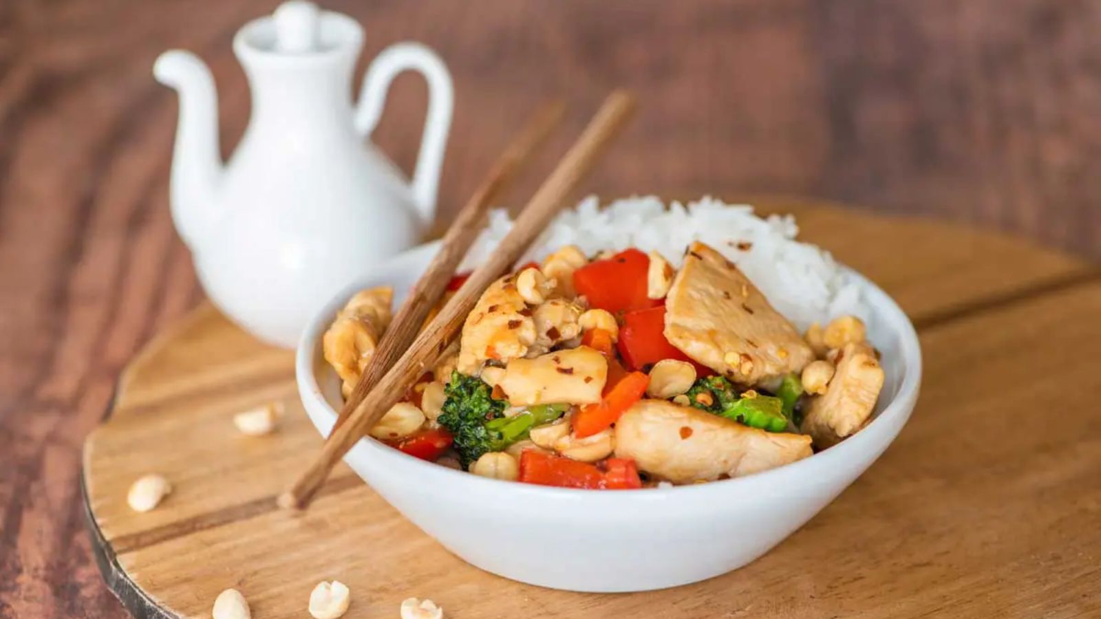 Kung pao chicken in a bowl.