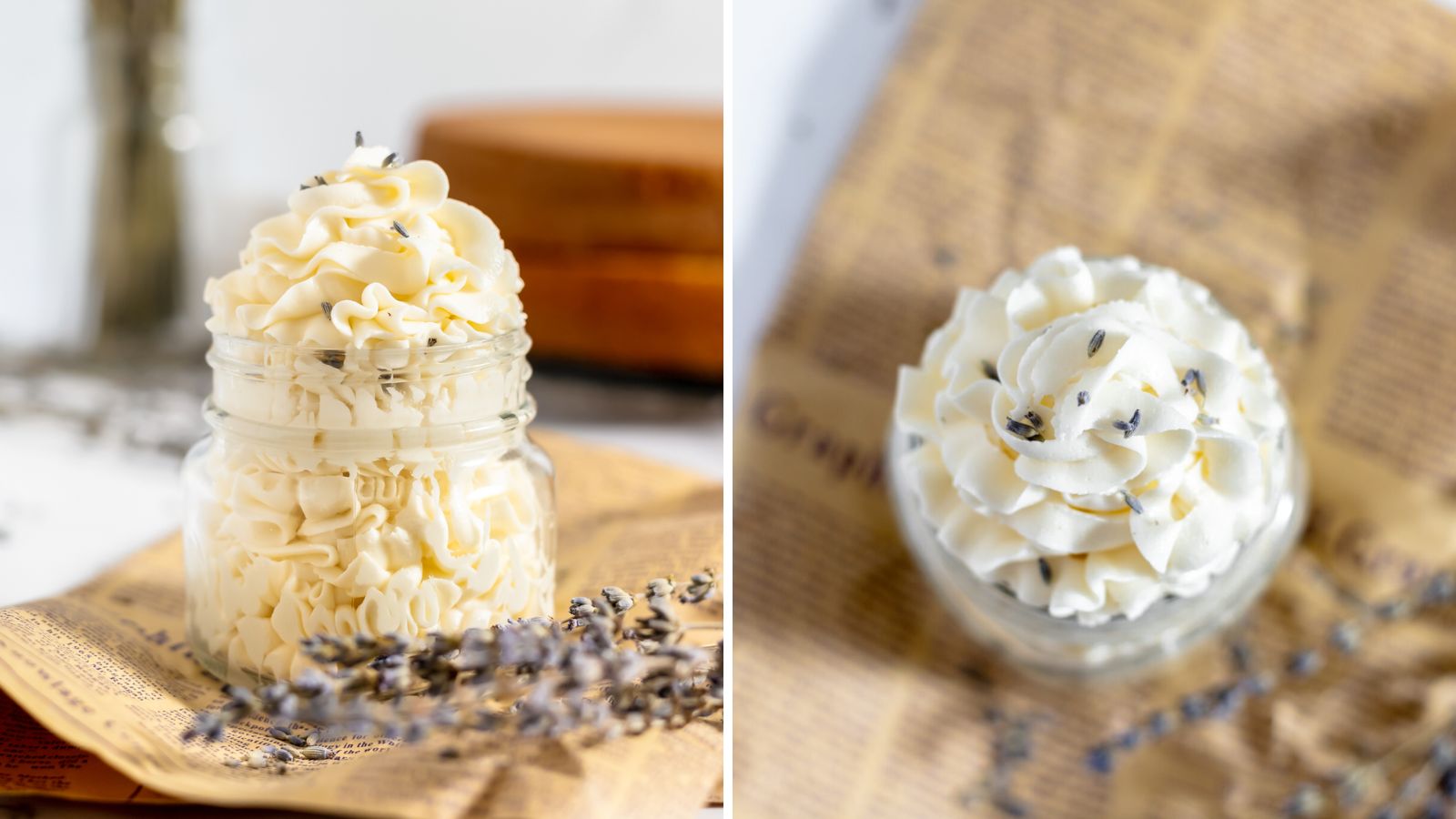 Lavender buttercream frosting in a glass.