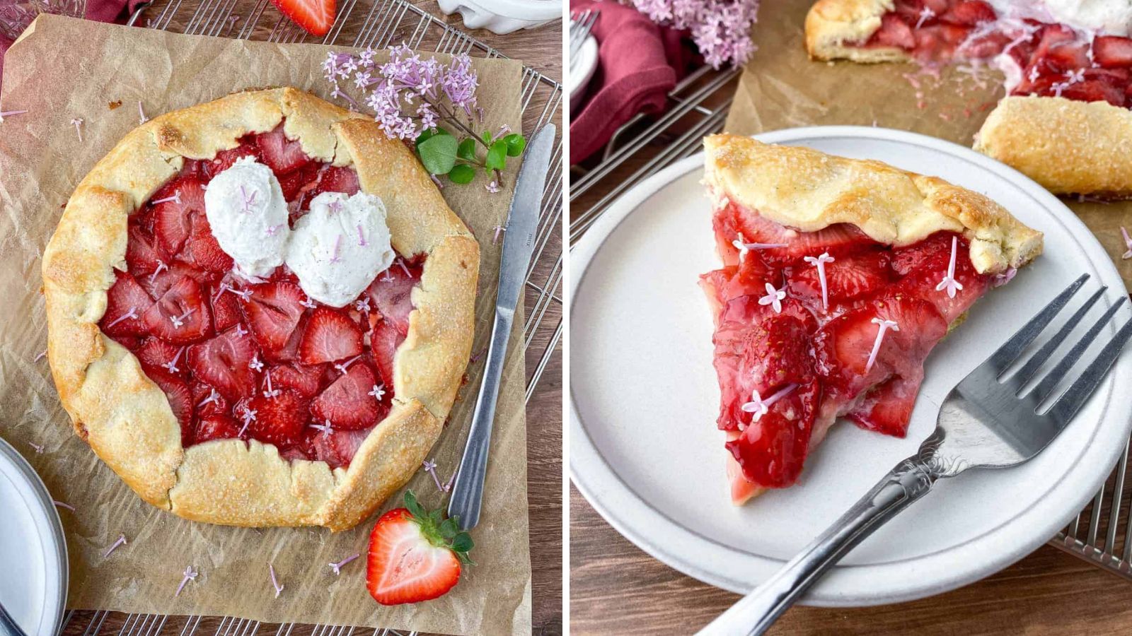 Lilac strawberry galette on a plate.