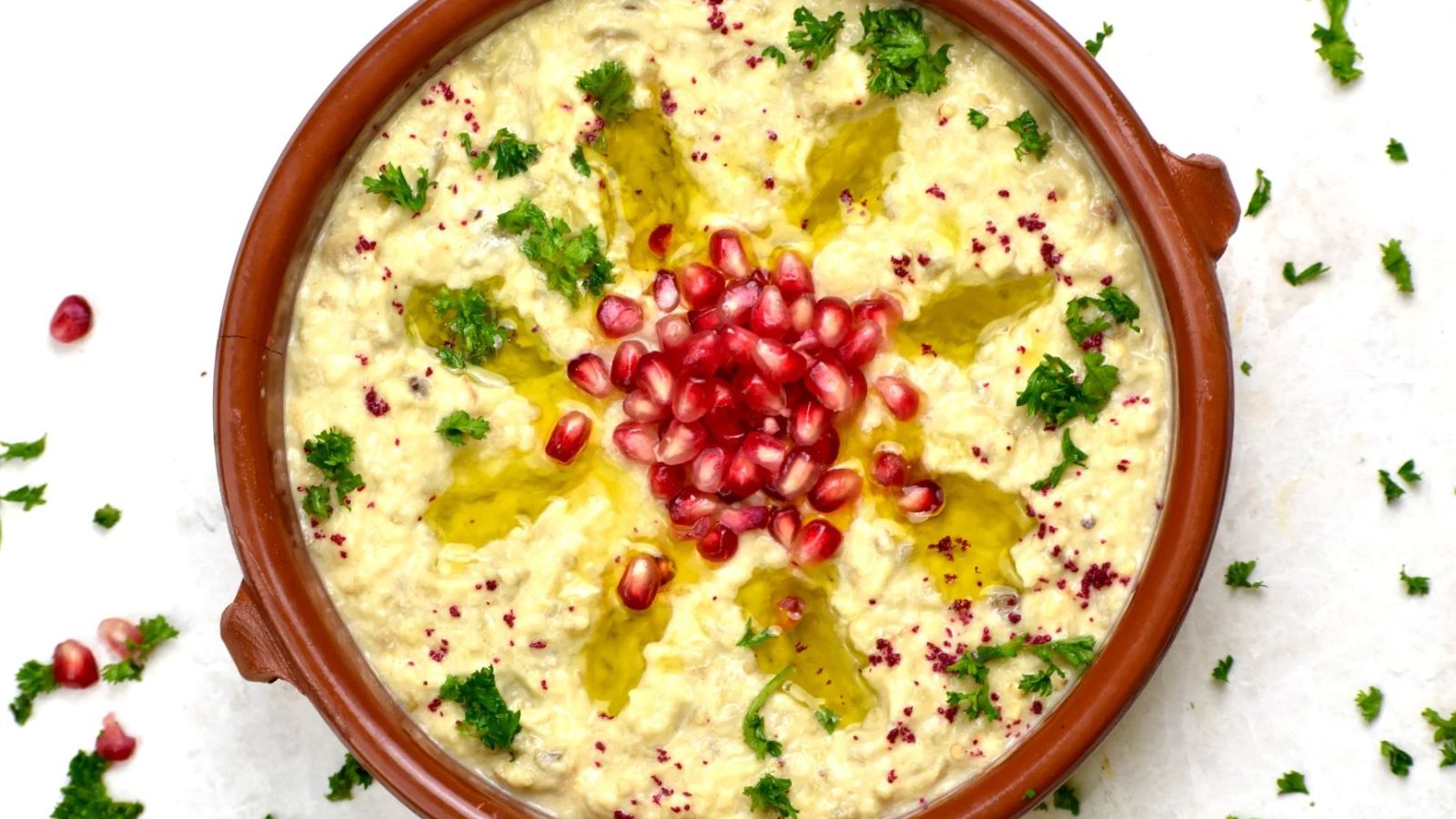 Moutabal dip in a bowl.