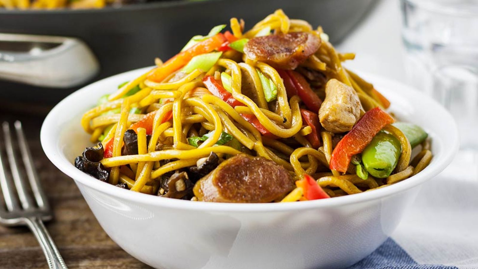 Pancit canton in a bowl.