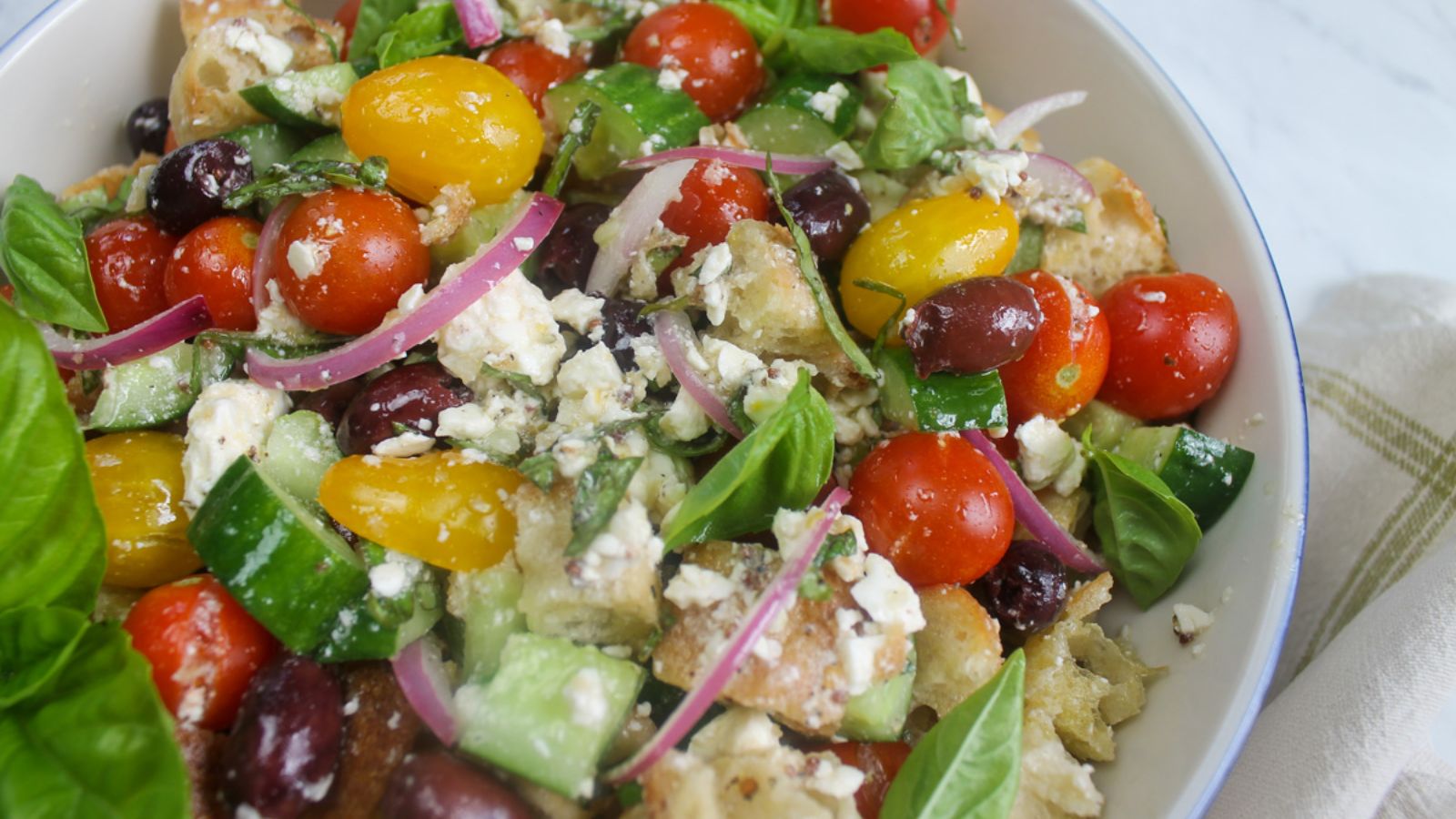 Panzanella bread salad in a bowl.