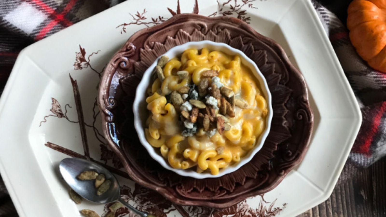 Pumpkin mac and cheese in a bowl.