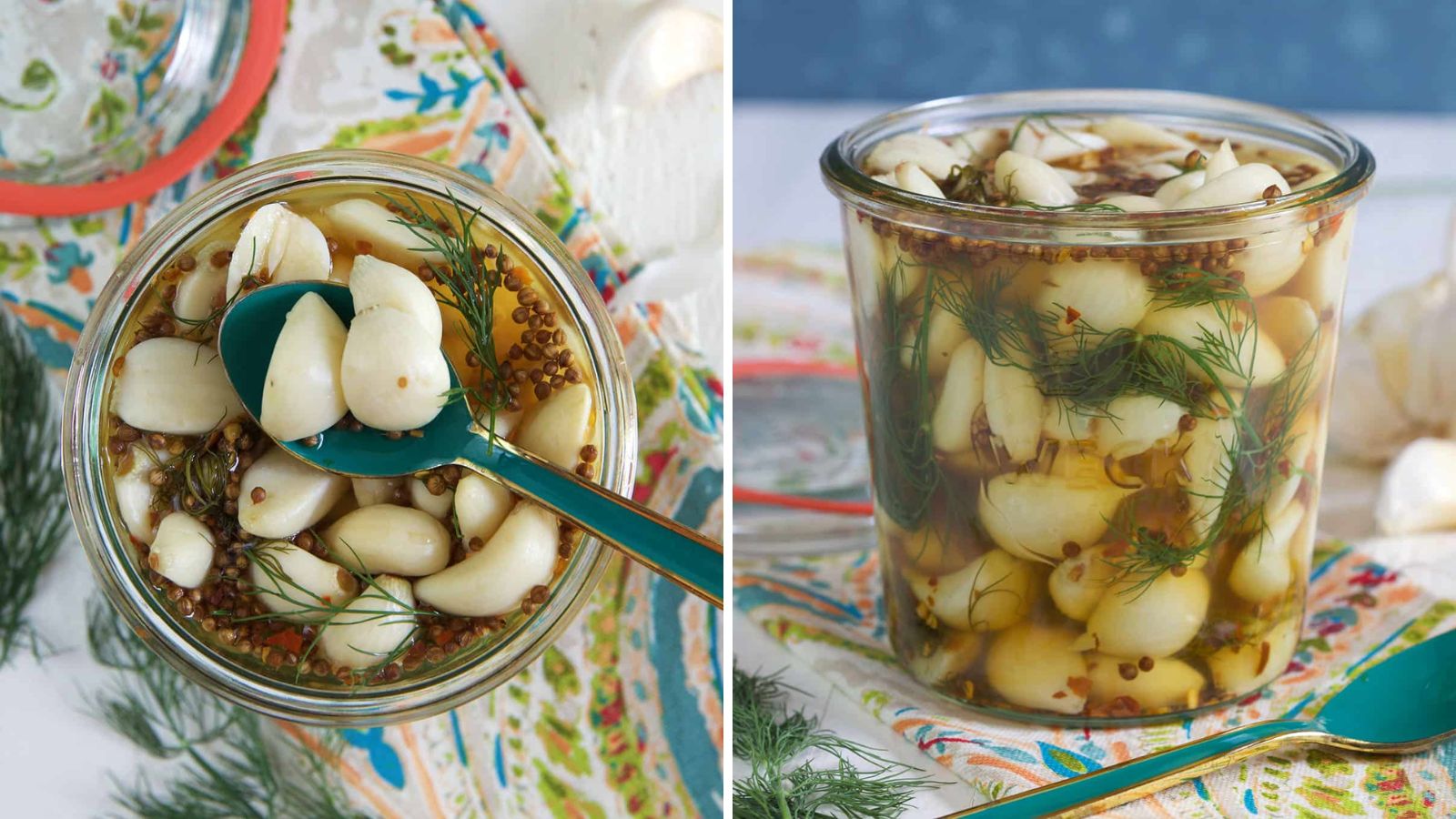 Pickled garlic in a jar.