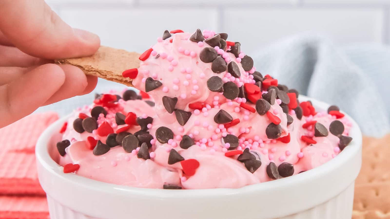 Pink dip sprinkled with mine chocolate chips.