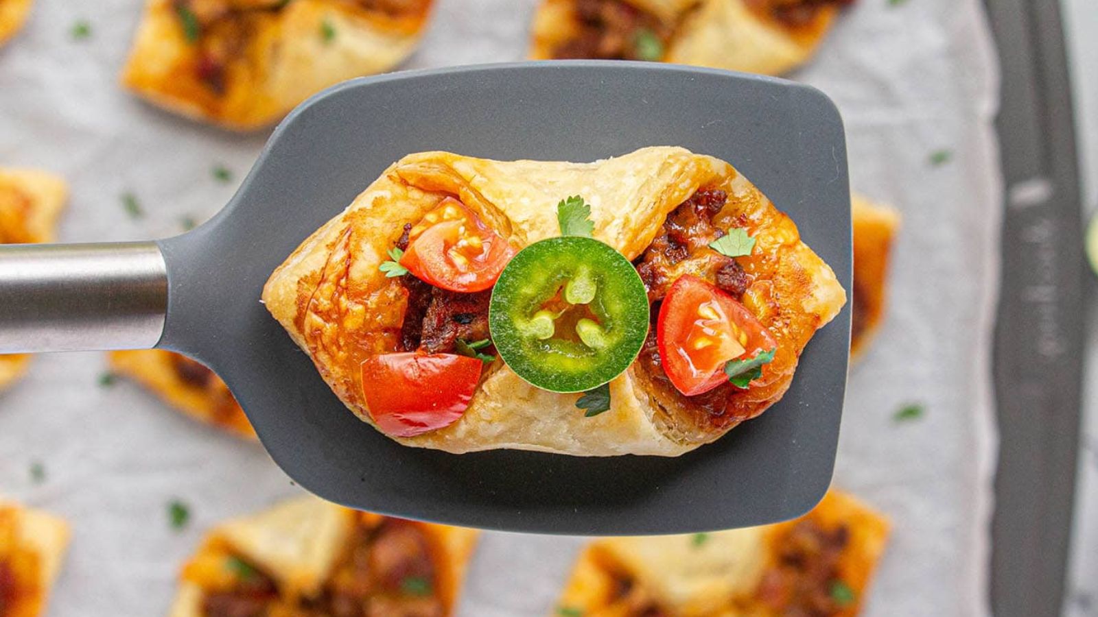 Puff pastry tacos close up shot.