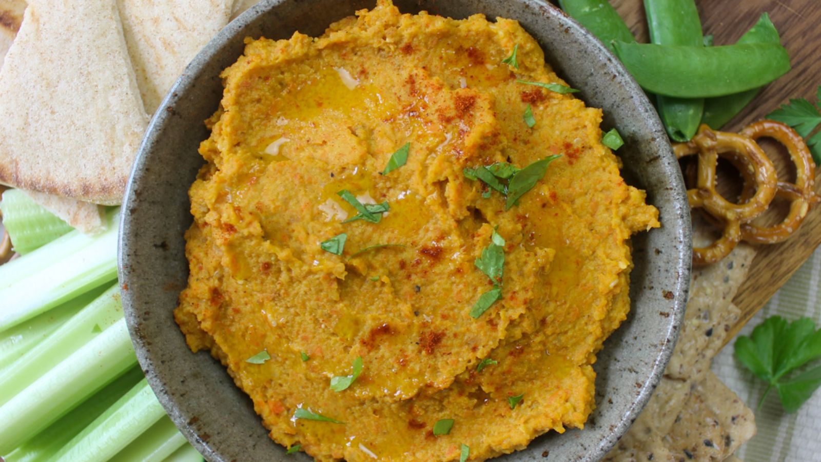 Carrot hummus in a bowl.