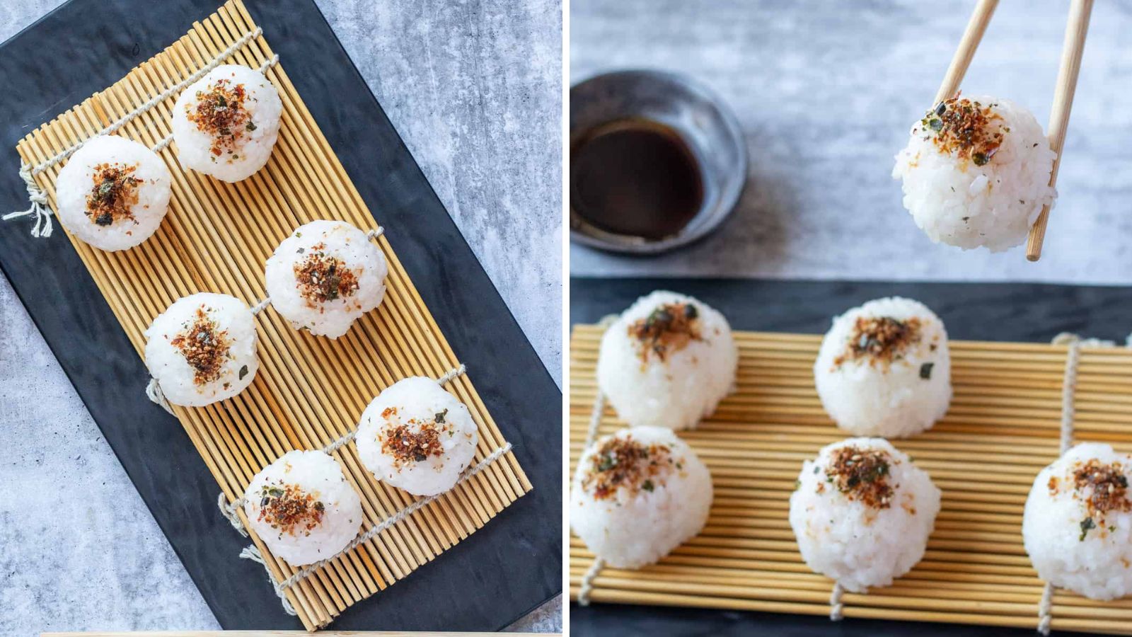 Salmon onigiri on a chopstick.