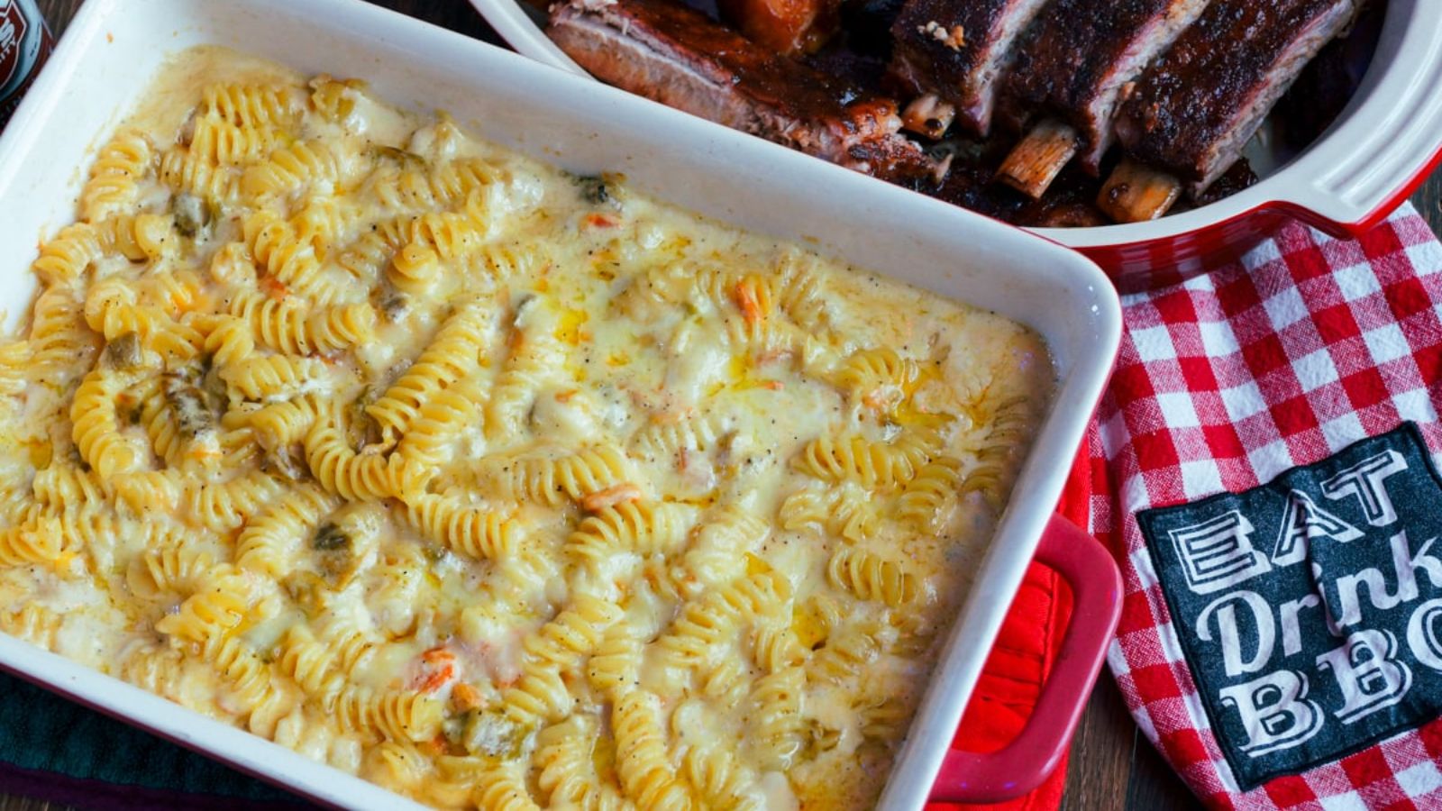 Smoked mac and cheese on a tray.