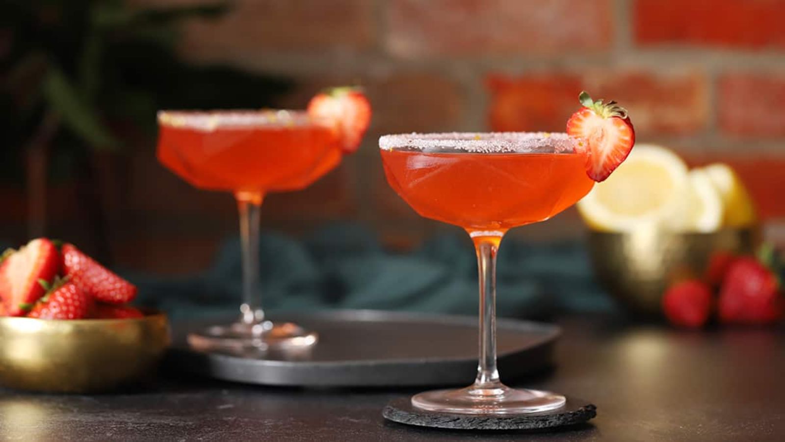Strawberry lemon martini in cocktail glasses.