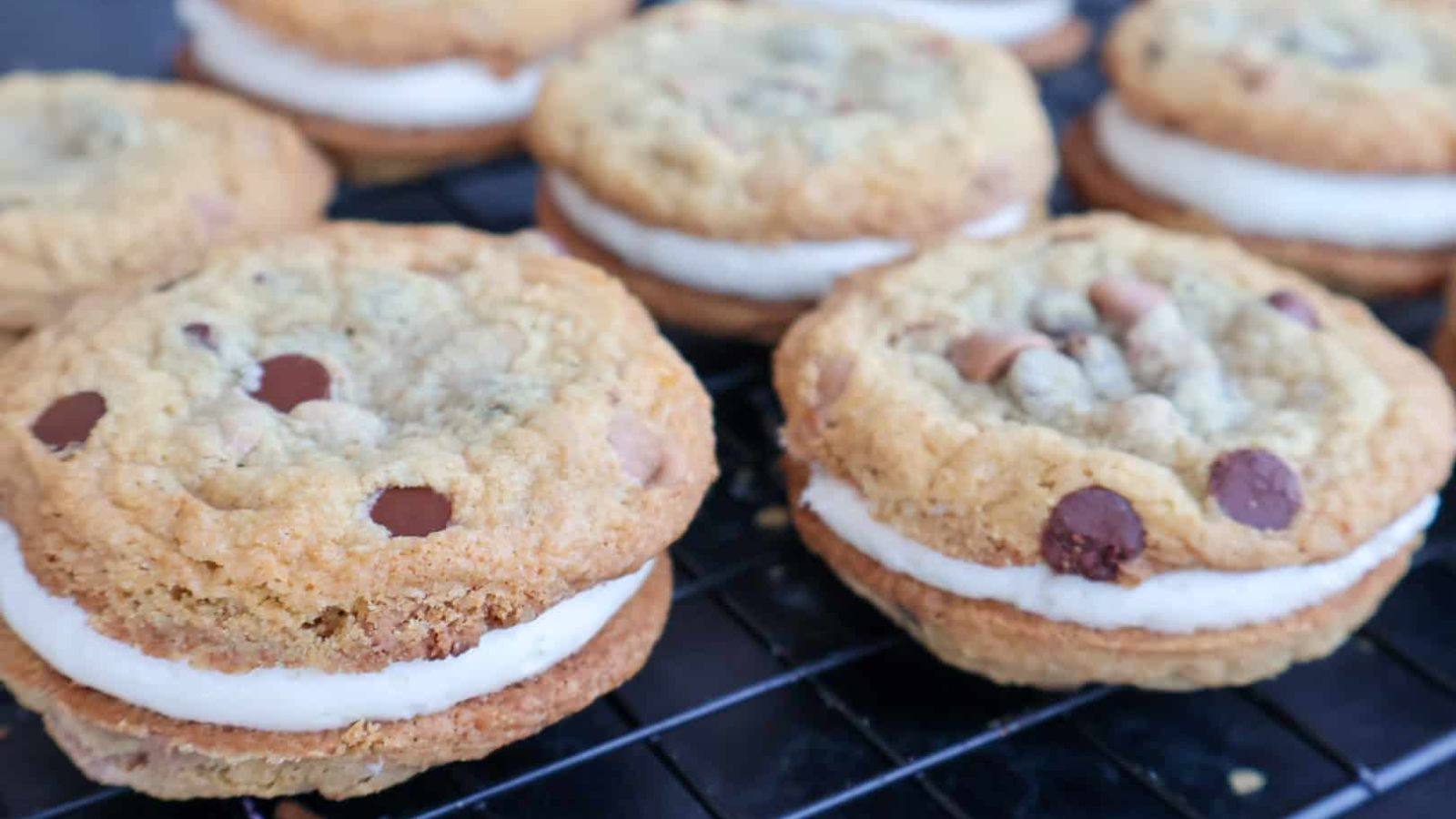 Caramel cookies sandwich with chocolate chips.