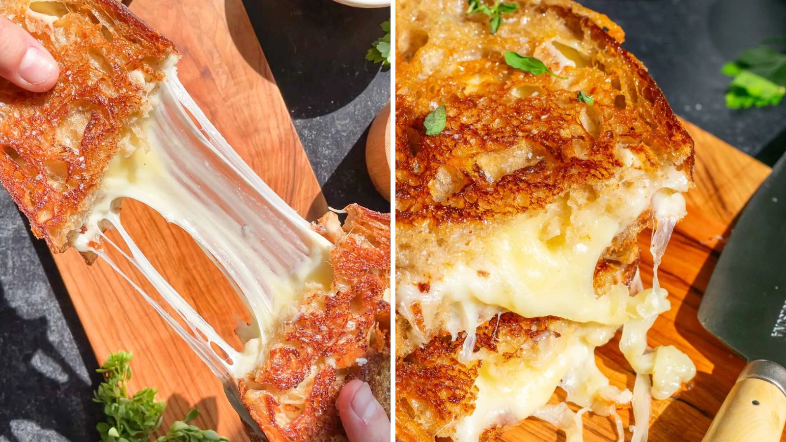 Grilled cheese with oozing cheese.