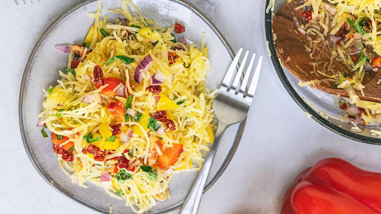 Spaghetti squash salad in a bowl.
