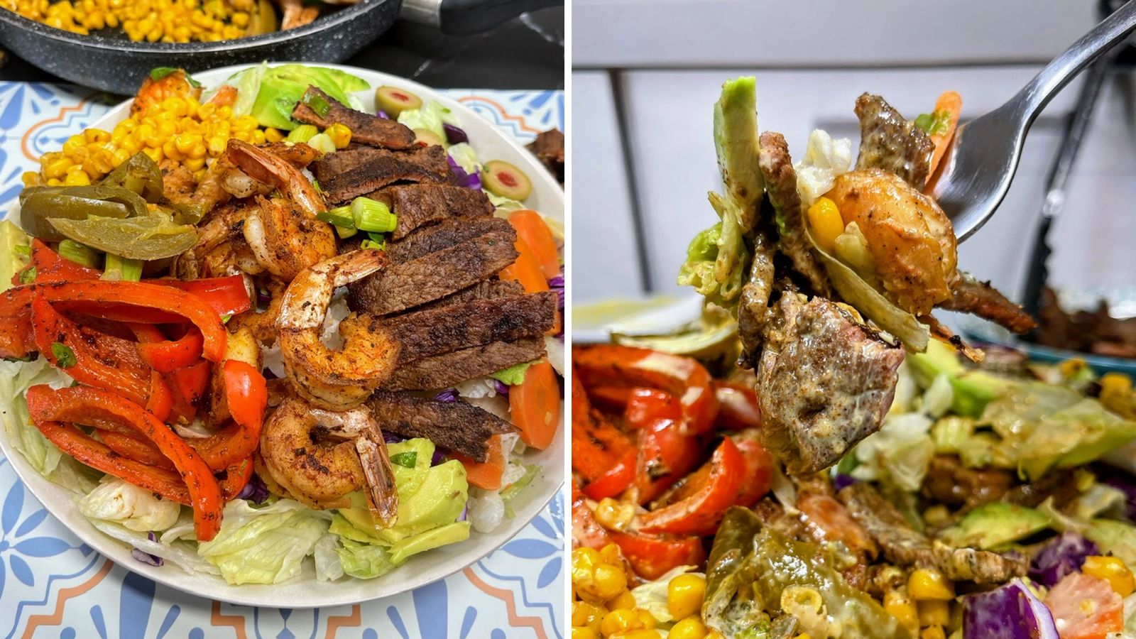 Steak and shrimp salad with honey on a plate.