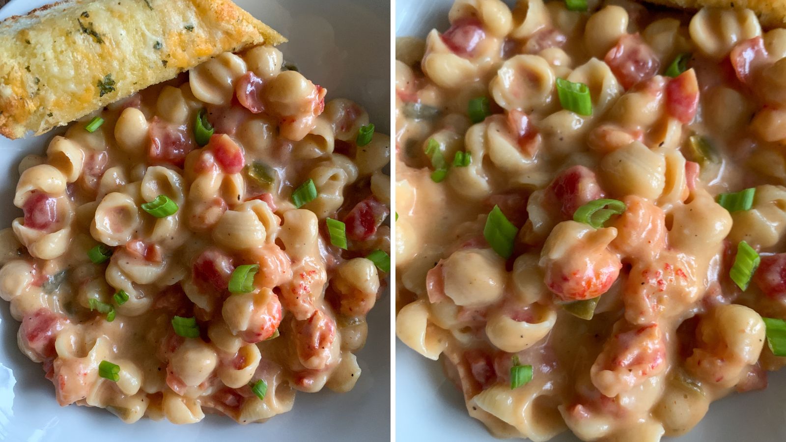 Crawfish mac and cheese with bread on the side.