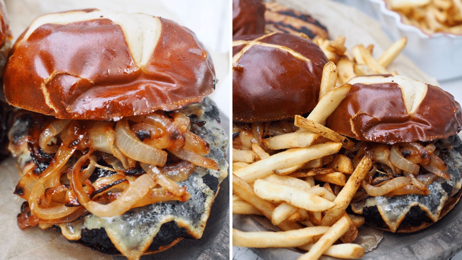 Bison burger with fries on the side.