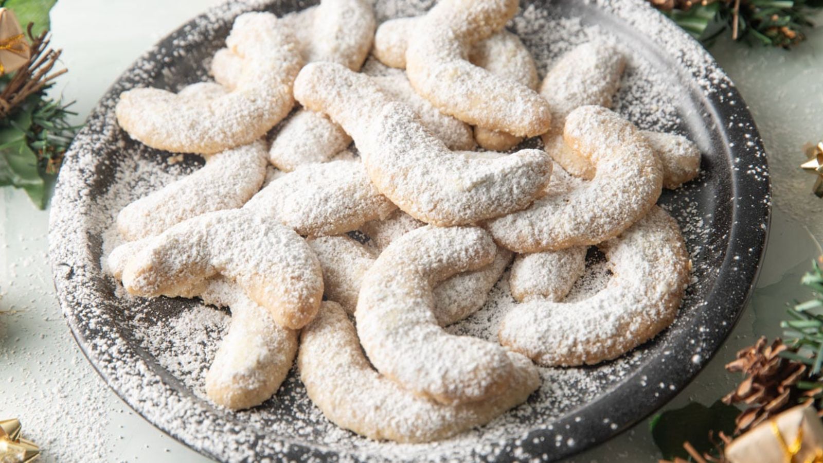 Crescent cookies on a plate.