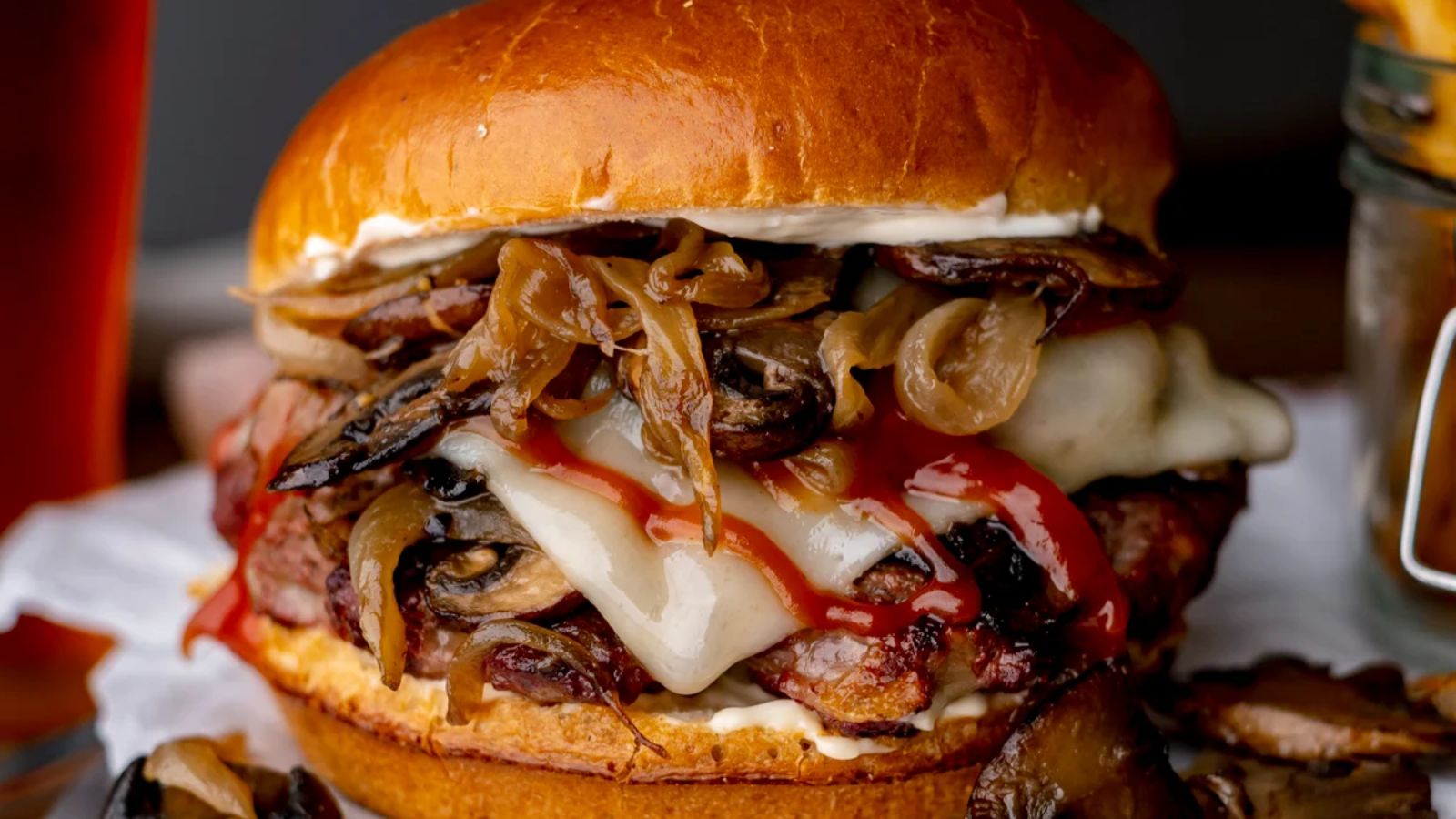 Mushroom swiss burger close up shot.