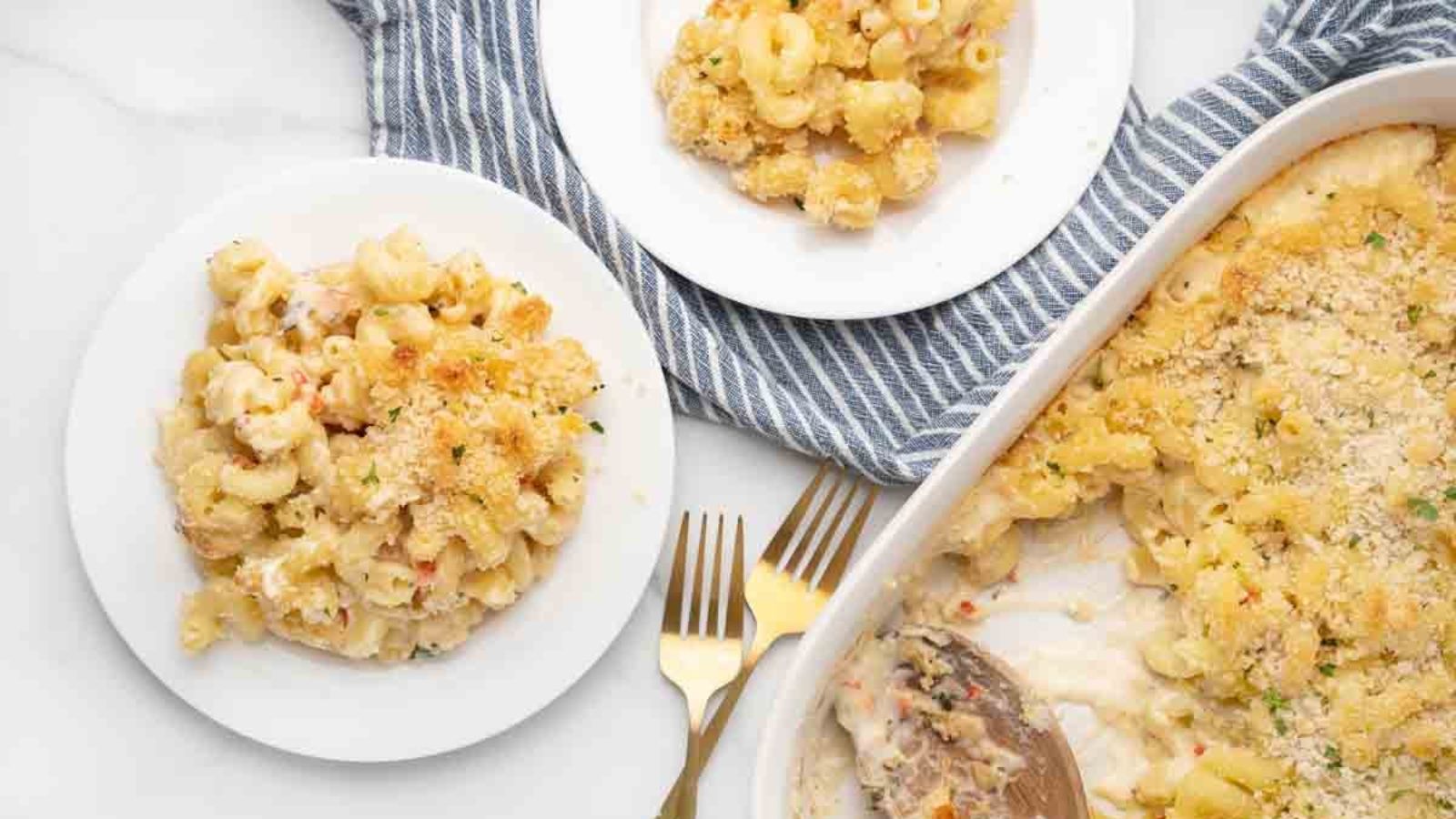 Mac and cheese on a plate and tray.