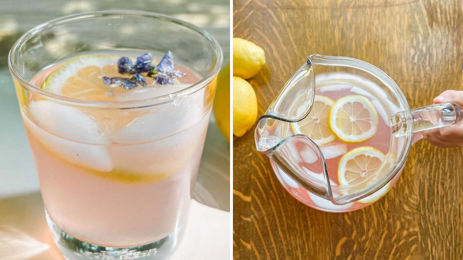 Lemonade in a glass and pitcher.