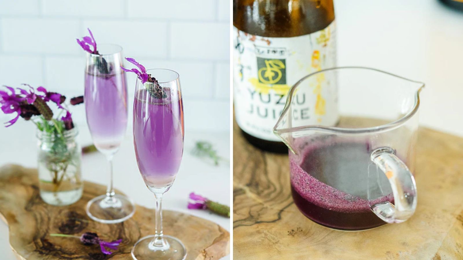 Lavender mimosas in glasses.