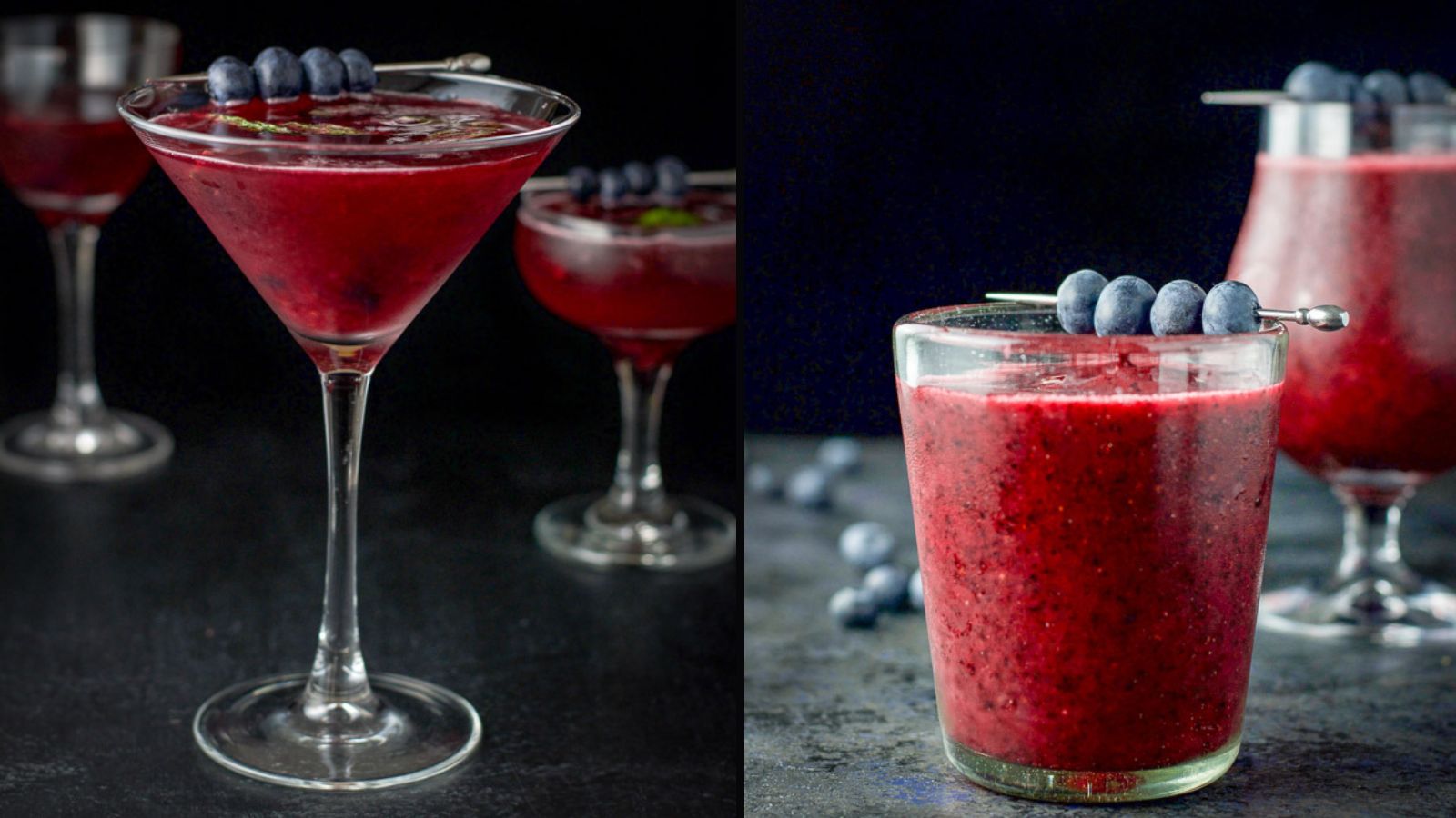 Two photos of a blueberry daiquiri in different glasses.