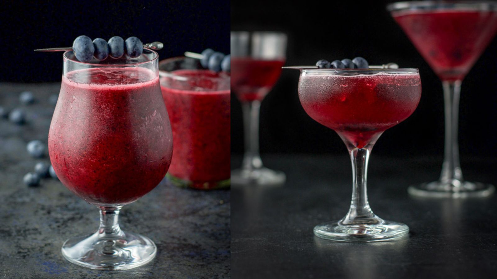 Images of blueberry cosmos in different glasses.