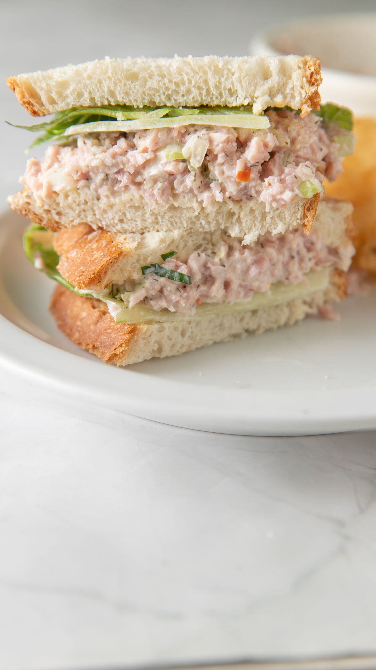Two halves of a ham salad sandwich stacked on top of each other,