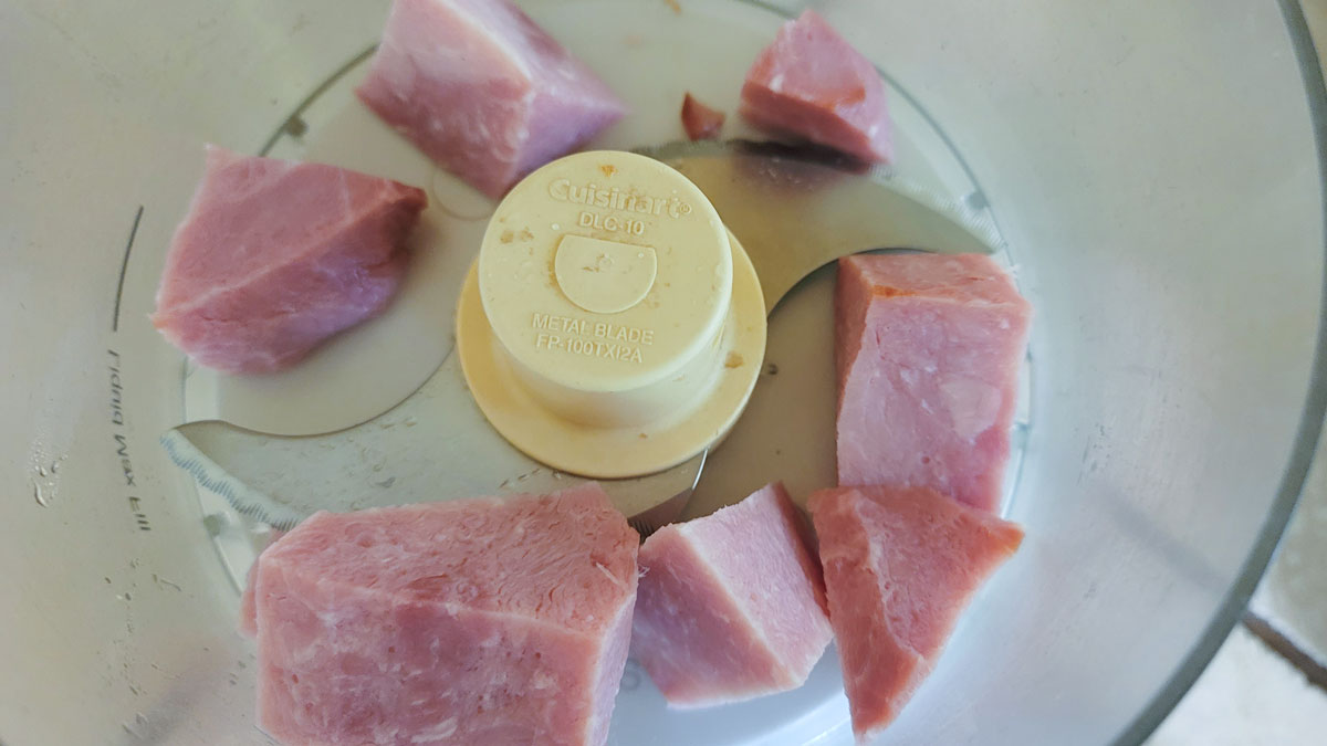 Ham chopped into pieces.