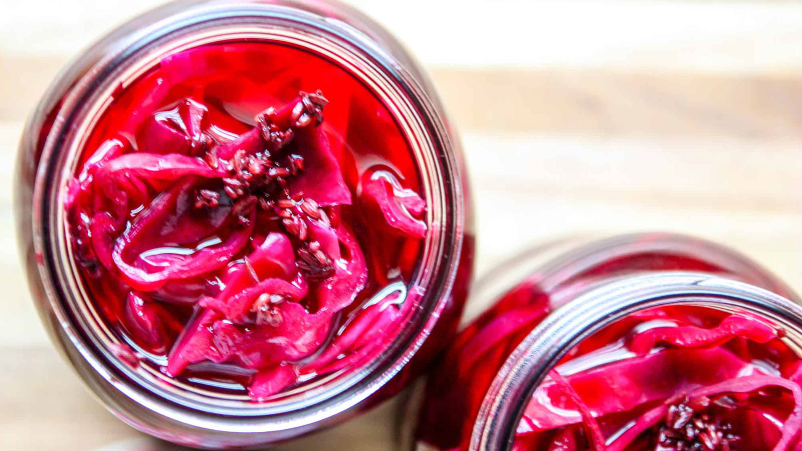 Red cabbage in a canning jar.