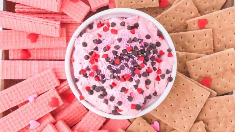 Pink dip sprinkled with mine chocolate chips.