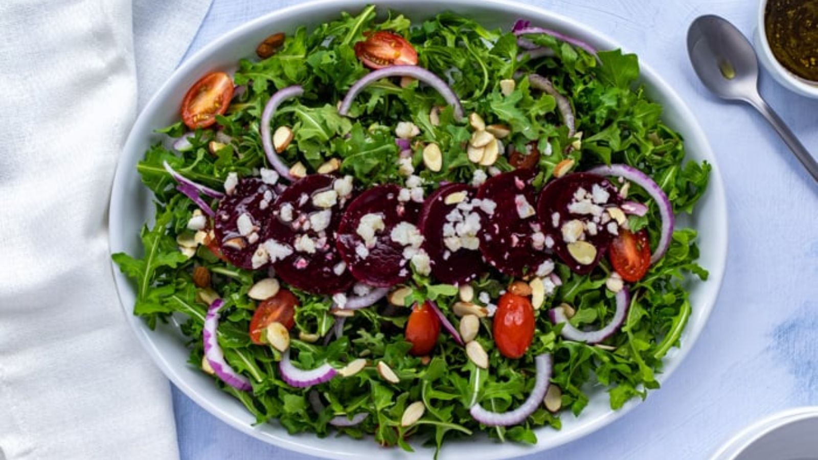 Beetroot and goat cheese salad on a plate.